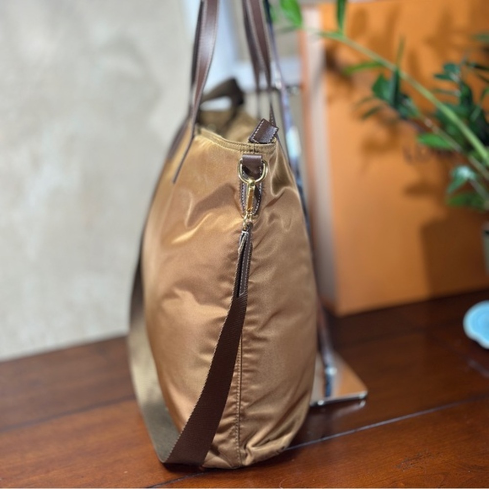 AUTHENTIC Tessuto Nylon Saffiano Shopping Tote. Tan. - Picture 2 of 15